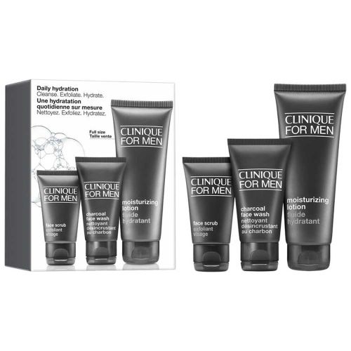 Clinique Daily Hydration: Cleanse. Exfoliate. Hydrate: Moisturizing Lotion 100ml & Charcoal Face Wash 50ml & Face Scrub 30ml Gift Set For Men