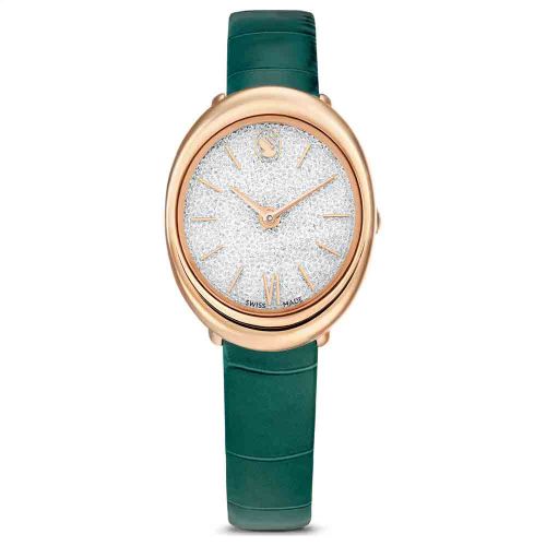 Imber Oval Watch Swiss Made, Leather Strap, Green, Rose Gold-Tone Finish