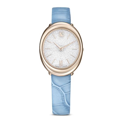 Imber Oval Watch, Swiss Made, Leather Strap, Blue, Champagne Gold-Tone Finish